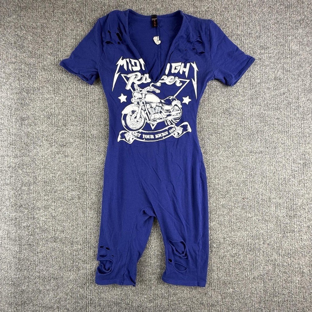 JNK Jumpsuit Womens Small Blue Midnight Racer Biker Graphic V‎ Neck Distressed